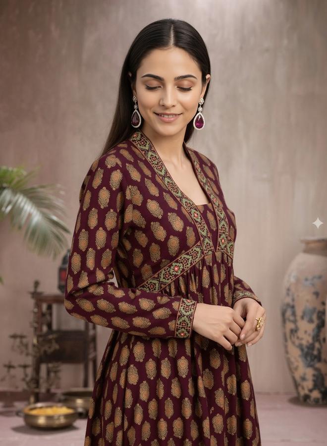 globus Women Wine Embroidered Kurta with Pants Set - Image 5